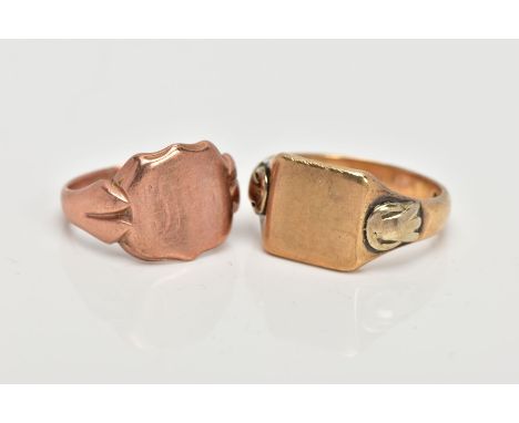 TWO 9CT GOLD SIGNET RINGS, a rose gold shield shaped head which has very worn engravings to the head, ring size R, hallmarked