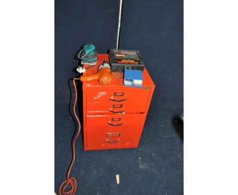 A VINTAGE BISLEY METAL OFFICE CABINET with four drawers containing hand and power tools (all untested due to plug or cable is