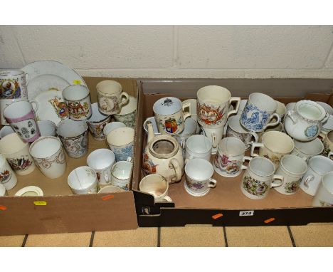 TWO BOXES OF VICTORIAN AND LATER ROYAL COMMEMORATIVE CERAMICS, including two enamel beakers dated 1897 and 1911, a Doulton Bu