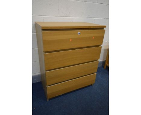 A LIGHT OAK FINISH CHEST OF FOUR DRAWERS, width 81cm x depth 41cm x height 100cm