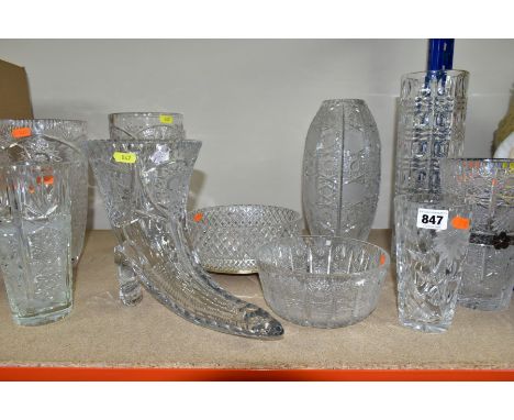 TEN LARGE PIECES OF CUT CRYSTAL GLASSWARES comprising Corncupia shaped vase, height 22cm, length 27cm , vase with metal band 