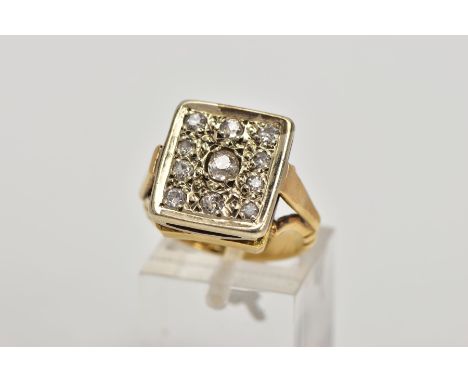 AN EARLY 20TH CENTURY 18CT GOLD, DIAMOND SIGNET RING, of a square textured form, set with eleven old cut diamonds, total esti