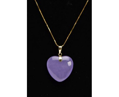 A LAVENDER JADE PENDANT NECKLACE, carved lavender jade heart shape pendant, fitted with a yellow metal tapered bail stamped '