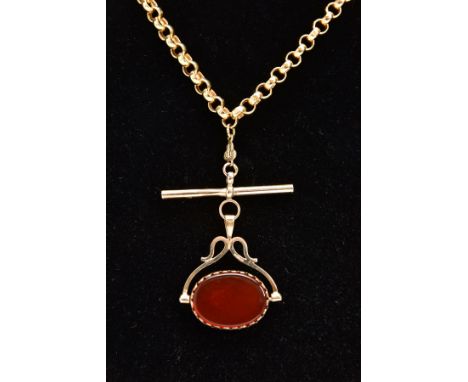 A 9CT GOLD SWIVEL FOB PENDANT NECKLACE, the swivel fob of an oval form set with bloodstone and carnelian, scroll detailed bra