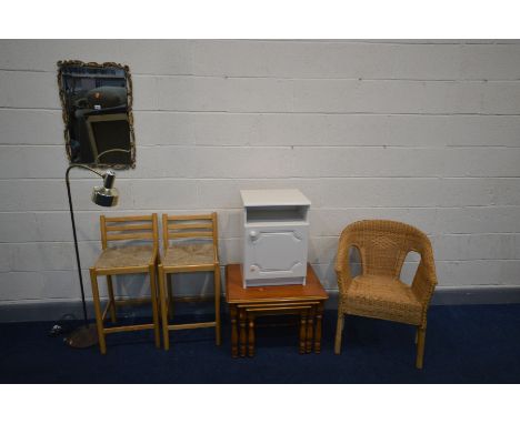 A SELECTION OF OCCASIONAL FURNITURE, to include a pair of beech bar stools, cherrywood nest of three tables, wall mirror, adj