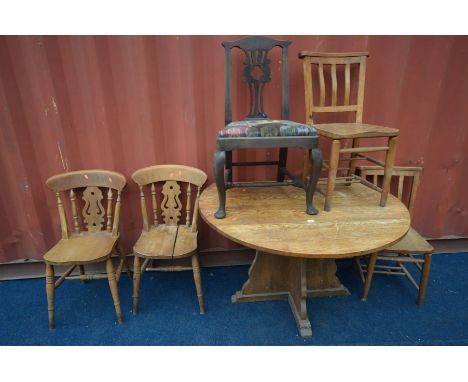 AN OAK DROP LEAF TABLE,  two pairs of beech kitchen chairs (Sd) and a Georgian Chippendale style chair (6) (the items in this