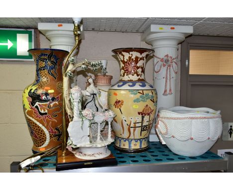 A GROUP OF LARGE CERAMIC VASES, LAMPS, etc, comprising two contemporary vases, height 51cm with dragon/animal motifs, a figur