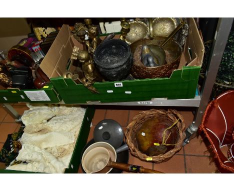 THREE BOXES AND LOOSE METALWARES, CAMERAS, LINENS, LUGGAGE AND SUNDRY ITEMS, to include a vintage 'Frister Star 15' sewing ma