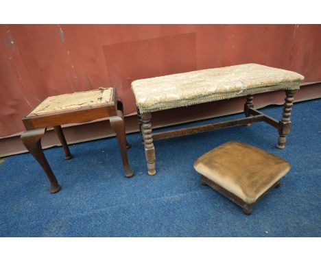 AN OAK BOBBIN TURNED DUET STOOL, along with an oak piano stool and a footstool (3) (the items in this lot is the remanence of