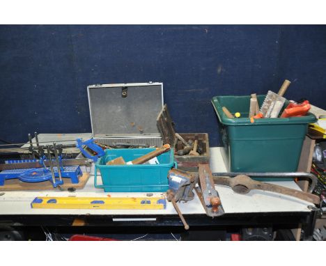 FIVE BOXES CONTAINING HAND TOOLS, SDS drill bits, a Record No4 wood plane, mallets, Hammers, a Draper Engineers vice etc