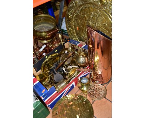 TWO BOXES AND LOOSE BRASS AND COPPER WARES to include coal scuttle, brass charger depicting a tavern scene, diameter 63cm, ho