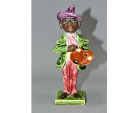 A LATE 19TH CENTURY CONTINENTAL POTTERY FIGURE OF AN ARTIST HOLDING HIS PALETTE, with majolica style glazes, the square base 