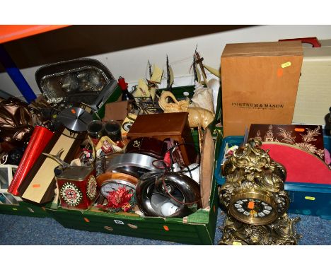 FOUR BOXES AND LOOSE METALWARES, CLOCKS, ORNAMENTS, HOMEWARES ETC, to include vintage Bernina sewing machine, threads, bobbin