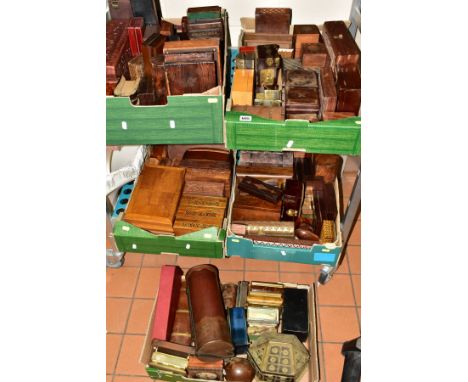 FIVE BOXES AND LOOSE WOODEN, METAL BOXES, majority are reproduction trinket boxes, jewellery boxes etc, also metal, glass, on