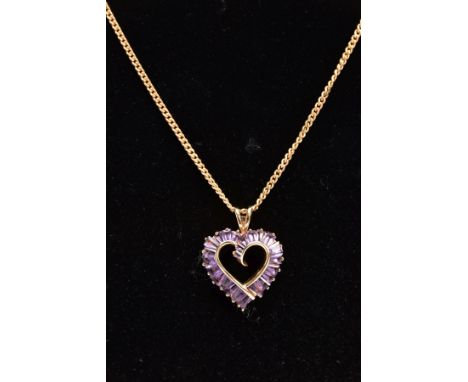 A 9CT GOLD AMETHYST HEART PENDANT NECKLACE, the witches heart pendant set with tapered cut amethyst, fitted with a V-shape ba