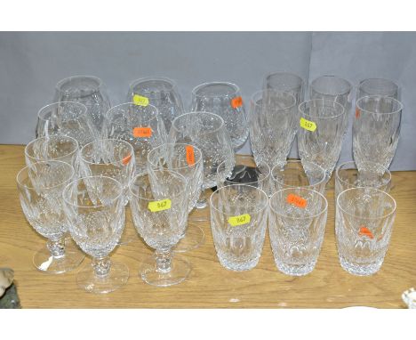 A SUITE OF WATERFORD CRYSTAL COLEEN PATTERN DRINKING GLASSES comprising six brandy, six wine, height 12cm, six tumblers, heig