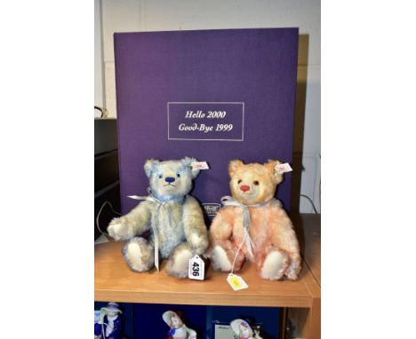 TWO BOXED STEIFF LIMITED EDITION TEDDY BEARS, 'HELLO 2000 GOOD-BYE 2019', each bear jointed, height 22cm, one in blue, the ot