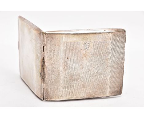 A SILVER CIGARETTE CASE, engine turned design, engraved monogram, push button clasp, missing interior strap, engraved to the 