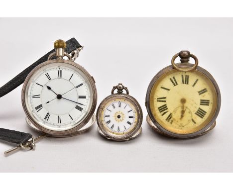 A SILVER OPEN FACED POCKET WATCH AND TWO OTHERS, round white dial, Roman numerals, blue hands, within a plain polished case, 