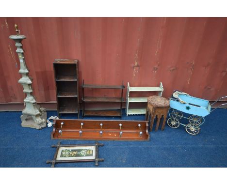 A SELECTION OF OCCASIONAL FURNITURE, to include an Edwardian walnut coat hook rack, standard lamp, three book shelves, dolls 