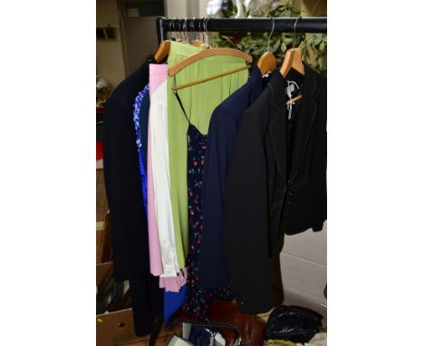 A SMALL QUANTITY OF LADIES CLOTHES, SHOES, BAGS AND SCARVES IN TWO BOXES AND LOOSE, including an M &amp; S black jacket with 