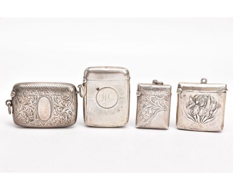 FOUR EDWARDIAN SILVER VESTAS, two with engraved foliate designs and vacant cartouches, one with an embossed floral design, th