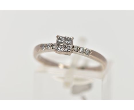 A WHITE METAL DIAMOND RING, designed with a square mount set with four princess cut diamonds, within a rub over setting, flan