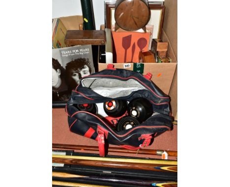 TWO BOXES AND LOOSE PICTURES, LPs, CLOCKS, SPORTING EQUIPMENT etc, to include a Malacca walking stick with silver mounts, Per