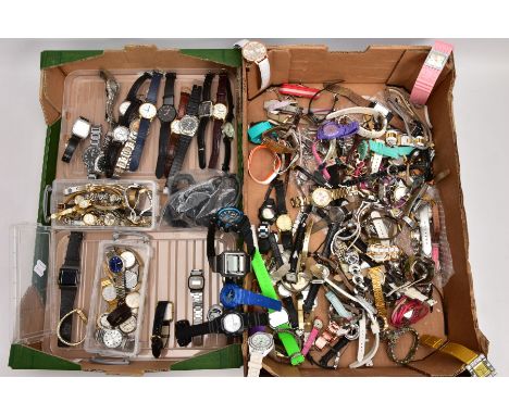 TWO BOXES OF WATCHES, mainly fashion wristwatches, mainly quartz movements, to include names such as Sekonda, Lorus, Limit Ti
