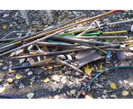 A LARGE COLLECTION OF GARDEN TOOLS including forks, rakes, spades, rakes, etc (20+