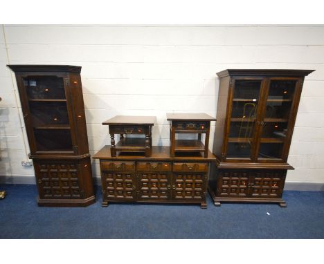 FOUR VARIOUS YOUNGER OAK DINING/LOUNGE FURNITURE, to include a glazed two door bookcase, width 103cm x depth 41cm x height 18