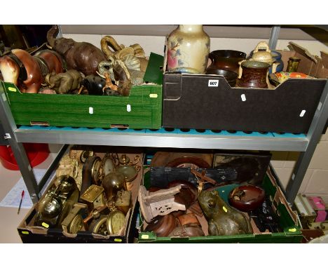 FOUR BOXES OF CERAMICS, TREEN, CLOCKS, METALWARES AND ELEPHANT ORNAMENTS, etc to include twelve wooden and ceramic elephants,