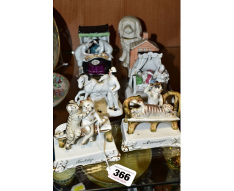 FIVE LATE 19TH/EARLY 20TH CENTURY FAIRINGS, A GERMAN GLAZED PORCELAIN SPANIEL AND A VICTORIAN STAFFORDSHIRE POTTERY COTTAGE, 