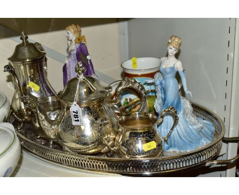 A GROUP OF METALWARE, CERAMICS ETC, to include a plated teapot, coffee pot, cream jug, sugar bowl and tray, Royal Worcester '