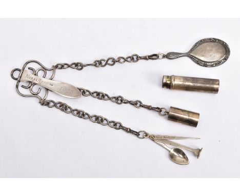 A SILVER CHATELAINE, the late Victorian chatelaine of scrolling wire design, the hinged back section engraved Nurse Reid 1903