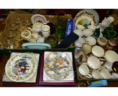 TWO BOXES AND LOOSE CERAMICS, GLASS AND METALWARES, to include ten boxed collectors plates by Royal Worcester, Wedgwood, Coal