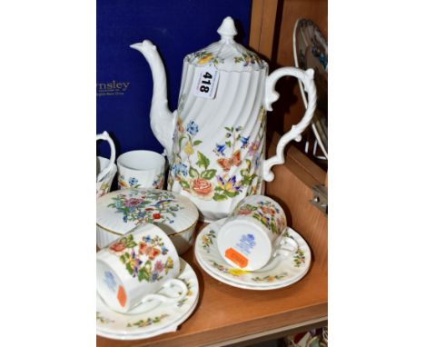 AYNSLEY COTTAGE GARDEN COFFEE SET, comprising a boxed set of six coffee cans and saucers (handles appear a.f on some), a coff