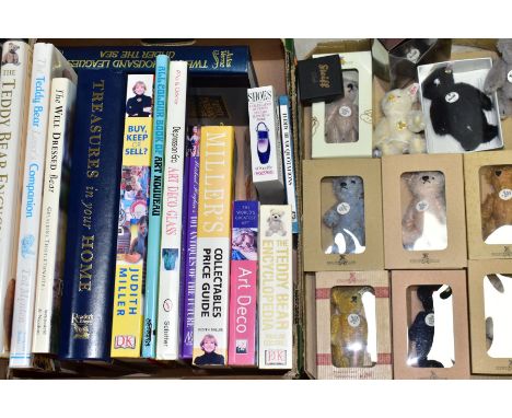 TWO BOXES OF BOXED AND LOOSE STEIFF CLUB MINIATURE TEDDY BEARS AND A BOX OF ANTIQUES AND TEDDY REFERENCE BOOKS, the Steiff Cl