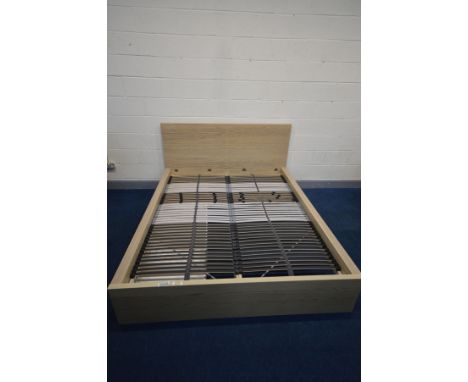 A MODERN IKEA LEIRSUND 5FT3 LIGHT WOOD EFFECT SLATTED BEDSTEAD, width 175cm x length 210cm x height to headboard 100cm with t