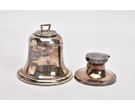 TWO SILVER INKWELLS, the first in the form of a bell with hinged lid opening to a clear glass liner, engraved to lid '1887-19