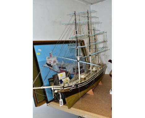 A WOODEN MODEL OF THE CUTTY SARK, BOOKS AND PICTURES comprising model ship approximately 112cm x 68cm, very detailed, require
