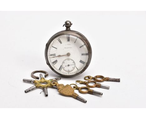 A SILVER OPEN FACE POCKET WATCH, round white dial signed 'J. Reed Brampton', Roman numerals, seconds subsidiary dial at the s