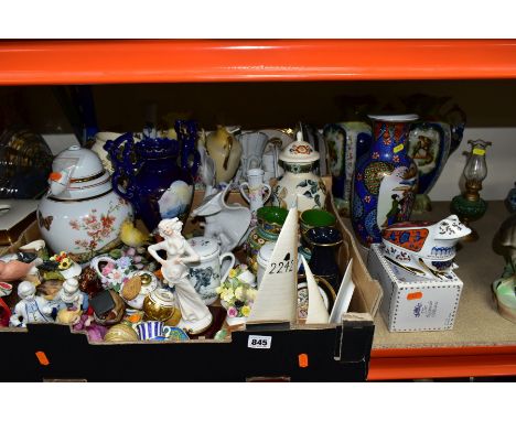 TWO BOXES AND LOOSE CERAMIC WARES to include two Hornsea 'Fauna' vases (chips to rim of one), Beswick yacht 1633 (part of mas