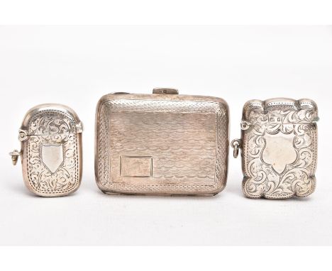TWO SILVER VESTAS AND A SILVER CIGARETTE CASE, the first vesta of a rectangular form, wavy edge and an engraved foliate desig
