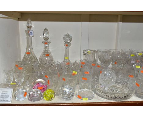 A QUANTITY OF GLASSWARE to include six paperweights including Caithness 'Pebble', 'Moonflower' with display stand and Staffor