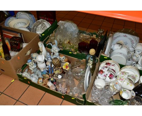 SEVEN BOXES AND LOOSE BOOKS, CERAMICS, GLASSWARES, ETC, to include a C. Wood &amp; Sons wall clock, black wood with decorativ