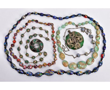 SEVEN PIECES OF JEWELLERY, to include four glass mosaic bead necklaces, a graduated turquoise bead necklace, a white metal ci