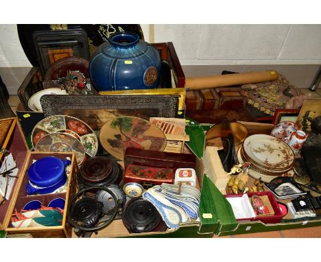 FOUR BOXES OF MOSTLY MODERN ORIENTAL CERAMICS, TREEN, METALWARES, TEXTILES etc, including lacquered trays, crumb tray and bru