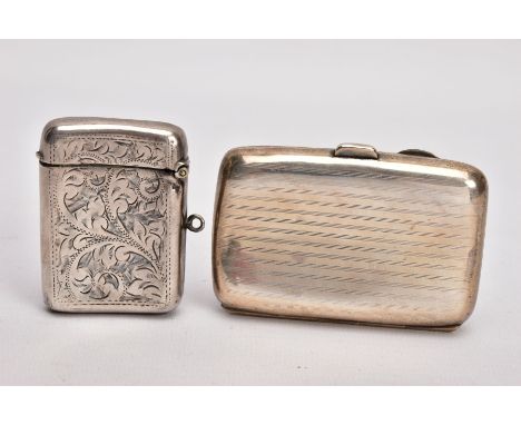 A SILVER CIGARETTE CASE AND A VESTA, the cigarette case of a rounded rectangular form, engine turned design with a vacant car