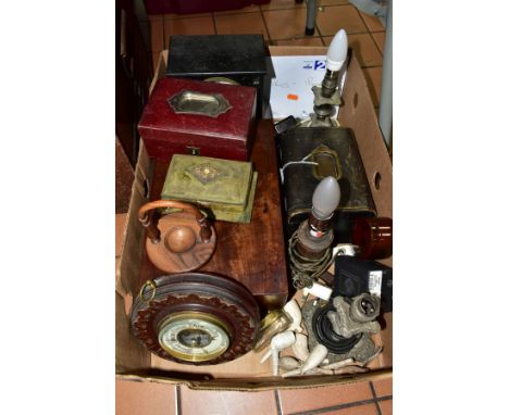 A BOX OF TABLE LAMPS, BOXES, CLOCK, CLAY PIPES AND SUNDRY ITEMS, to include walnut writing box (slope and interior removed), 